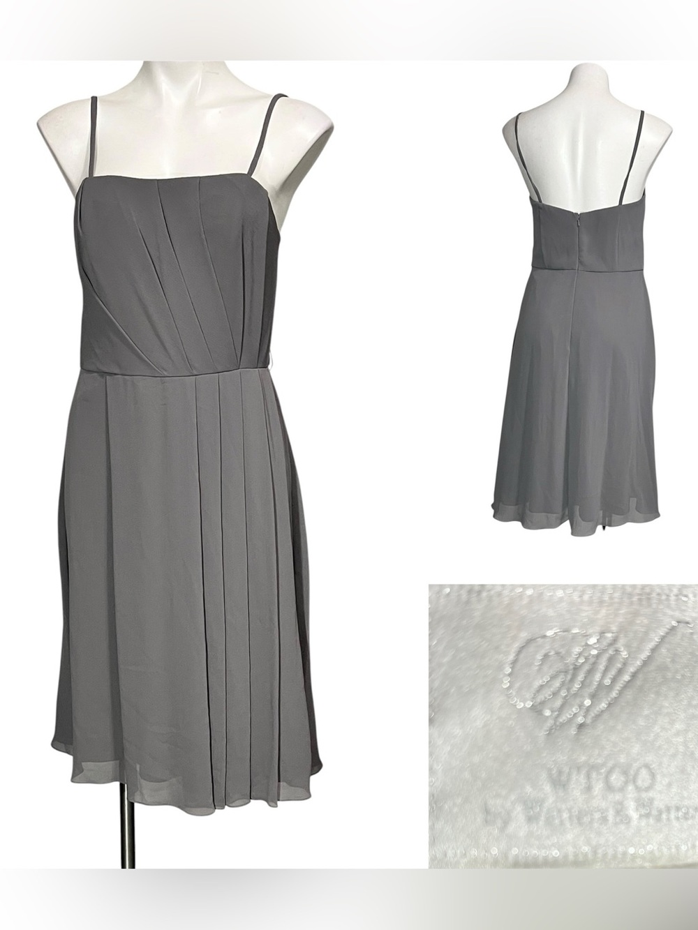 Wtoo‎ by Watters Midi Dress Sz 10 Grey Pleated Chiffon bridesmaid wedding